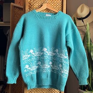 Vintage Teal Duck Pattern Sweater
